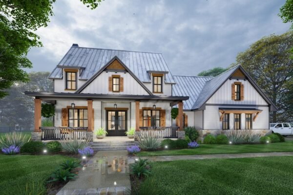 16919WG_alt-rendering_002_1660310644 Country Craftsman House Plan with 2-Story Great Room and Upstairs Game Room