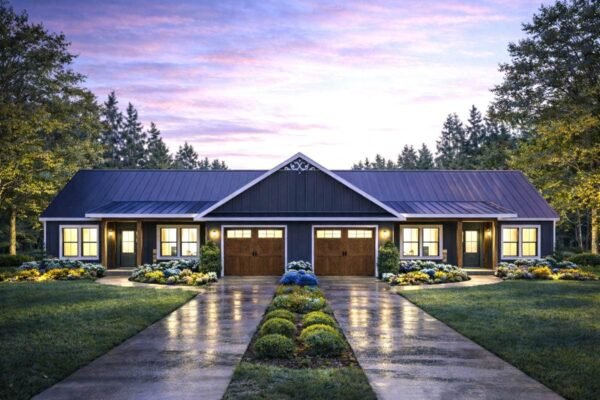 Ranch Style Duplex House Plan with Six Bedrooms and Twin Garages