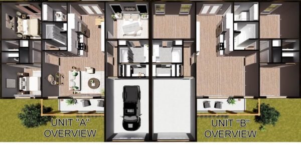 Ranch Style Duplex House Plan with Six Bedrooms and Twin Garages