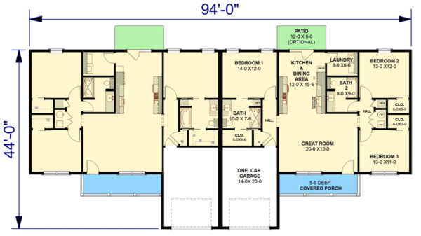 Ranch Style Duplex House Plan with Six Bedrooms and Twin Garages