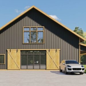 280248JWD-001-Exterior-Render_1759946982 Modern Barndominium Plan with Indoor Sports Court and Vaulted Loft