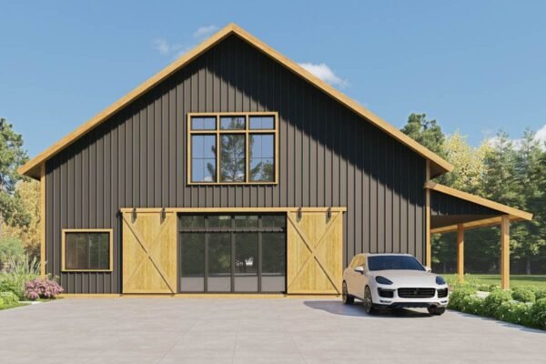 Modern Barndominium Plan with Indoor Sports Court and Vaulted Loft