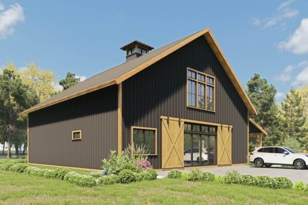 Modern Barndominium Plan with Indoor Sports Court and Vaulted Loft
