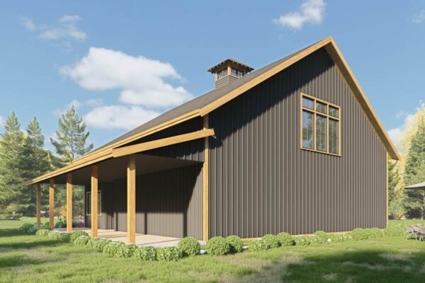 Modern Barndominium Plan with Indoor Sports Court and Vaulted Loft