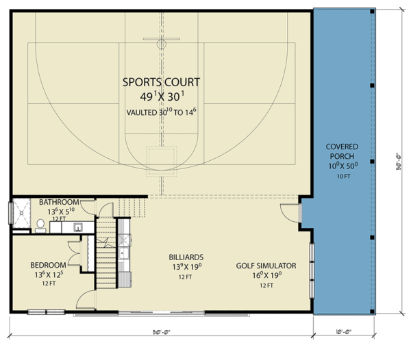 Modern Barndominium Plan with Indoor Sports Court and Vaulted Loft
