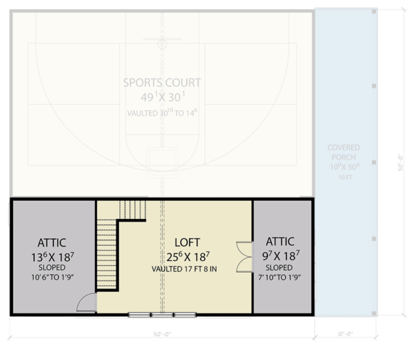 Modern Barndominium Plan with Indoor Sports Court and Vaulted Loft