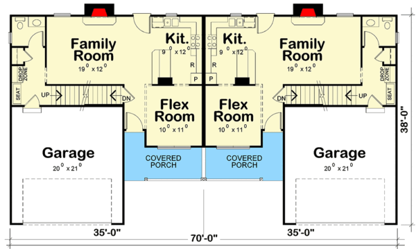 42727DB_F1_1696434382 New American Duplex House Plan with 3 Bed 2 Car Units Under 1500 Square Feet