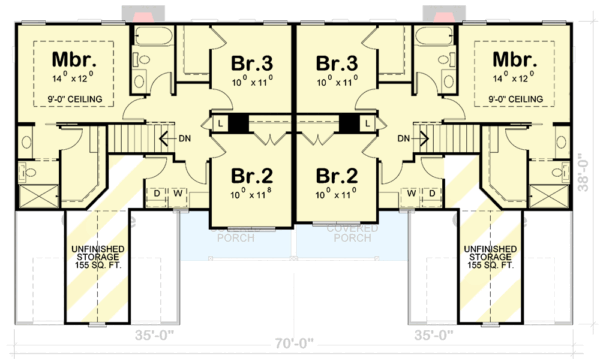 42727DB_F2_1696434383 New American Duplex House Plan with 3 Bed 2 Car Units Under 1500 Square Feet