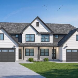 New American Duplex House Plan with 3 Bed 2 Car Units Under 1500 Square Feet