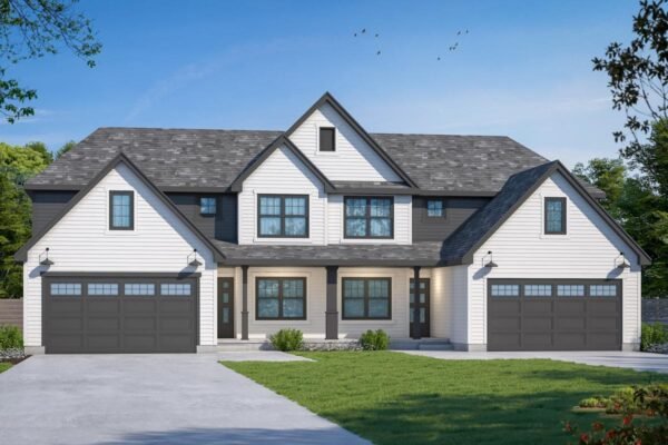 42727DB_Render_1696434385 New American Duplex House Plan with 3 Bed 2 Car Units Under 1500 Square Feet