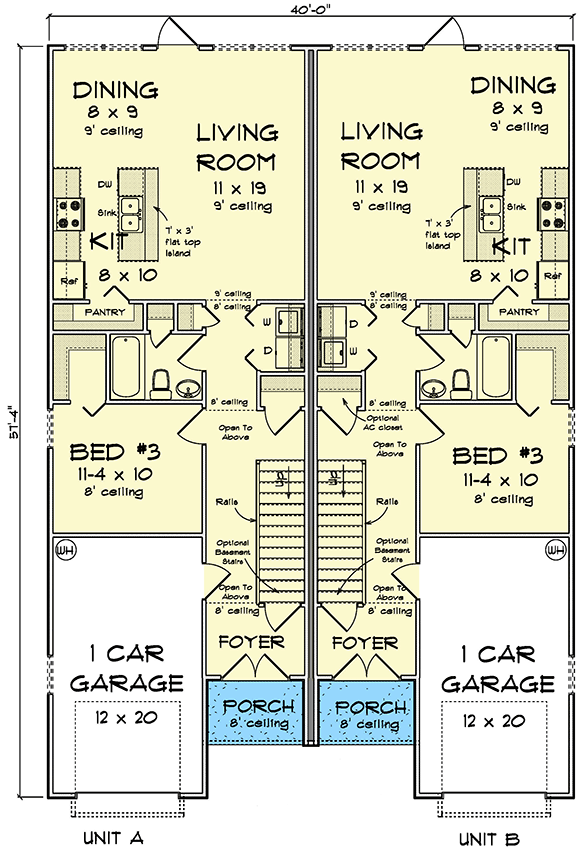 Two-Story Traditional Duplex house Plan with Dual Laundry - 1447 Sq Ft Per Unit