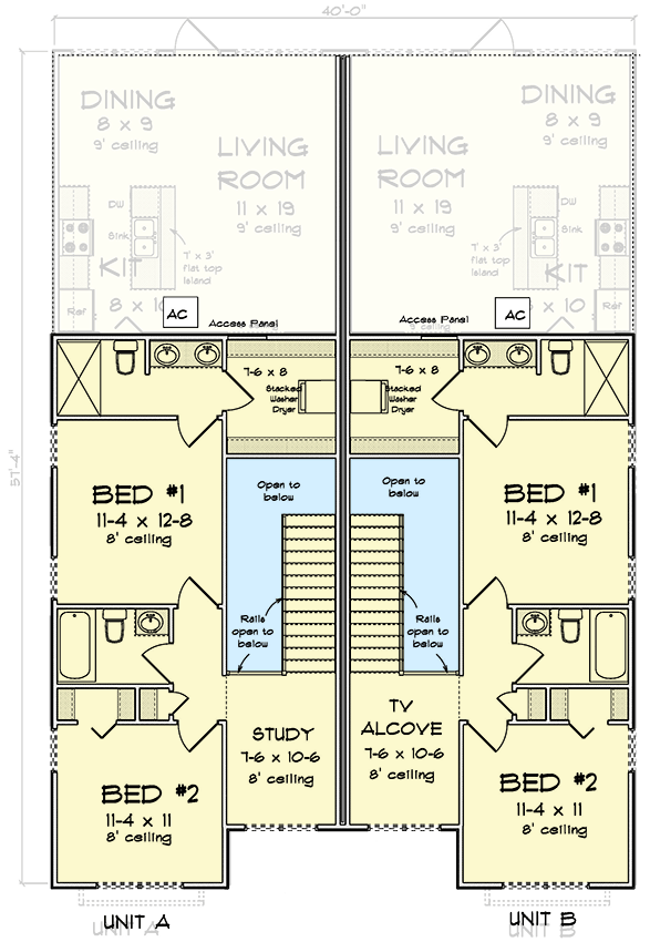 Two-Story Traditional Duplex house Plan with Dual Laundry - 1447 Sq Ft Per Unit