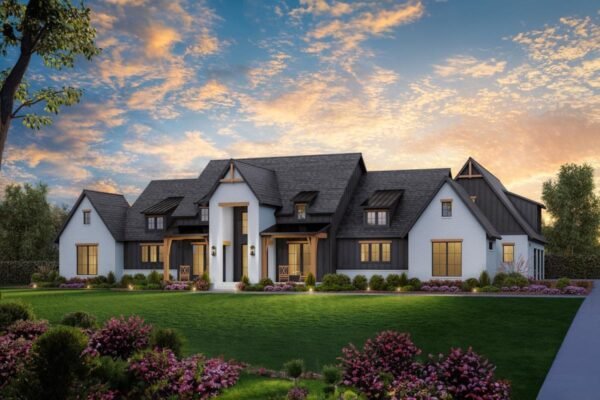 56547SM-front-rendering-01_1723643362 4-Bed Modern Farmhouse Plan with Outdoor Kitchen and Fireplace - 3877 Sq Ft