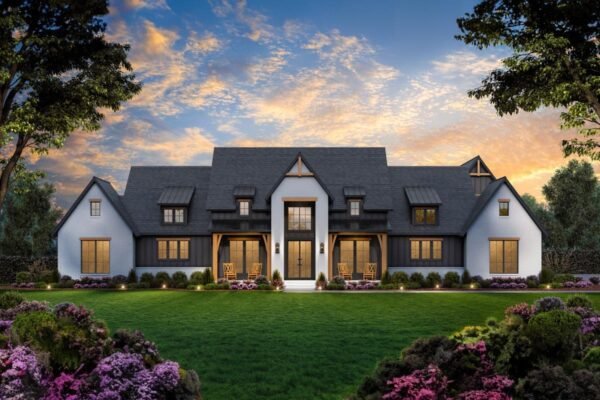 56547SM-front-rendering-02_1723643363 4-Bed Modern Farmhouse Plan with Outdoor Kitchen and Fireplace - 3877 Sq Ft