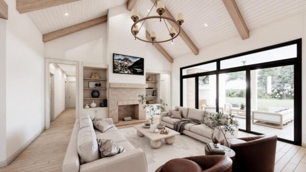 56547SM-interior-rendering-009-Great-Room-2_1729028565 4-Bed Modern Farmhouse Plan with Outdoor Kitchen and Fireplace - 3877 Sq Ft