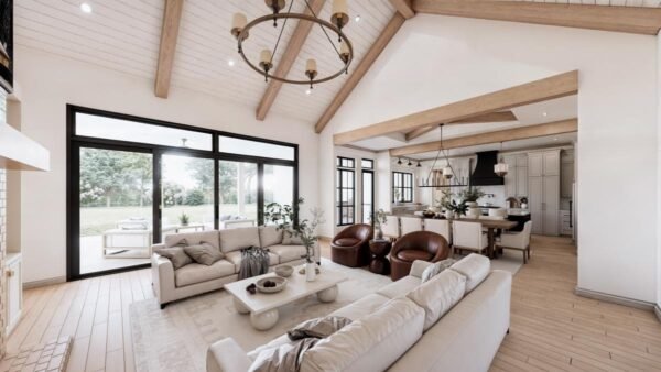 56547SM-interior-rendering-010-Great-Room-3_1729028565 4-Bed Modern Farmhouse Plan with Outdoor Kitchen and Fireplace - 3877 Sq Ft