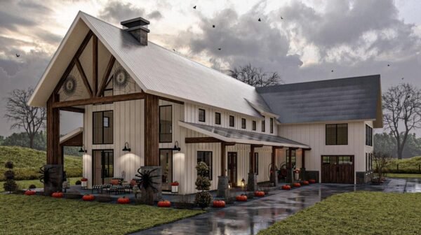 623034DJ_exterior-halloween-nologo_1666900400 4-Bedroom Modern Farmhouse Barndominium with Large Bonus Room Over Garage - 3205 Sq Ft