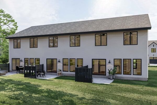 623050DJ-Rear_1635347447 Triplex House Plan with Matching 3 Bed, 2.5 Bath Units - 1464 Sq Ft Each