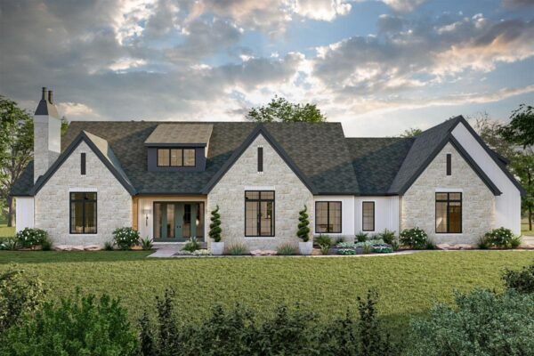 623216DJ_Render01_1684169292 3-Bed Transitional European House Plan with Vaulted Dining Area - 2703 Sq Ft