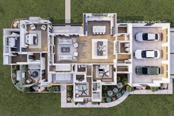 623216DJ_Render22_1680546615 3-Bed Transitional European House Plan with Vaulted Dining Area - 2703 Sq Ft