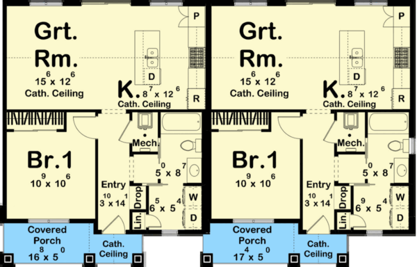 Multi Family House Plan with Two 1-Bed Matching Units Under 700 Sq Ft Each