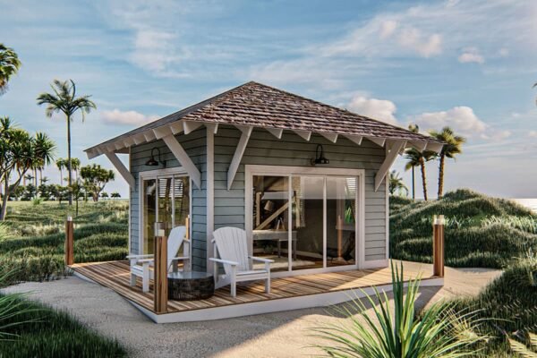 Beach-Inspired Backyard Office Plan with Deck