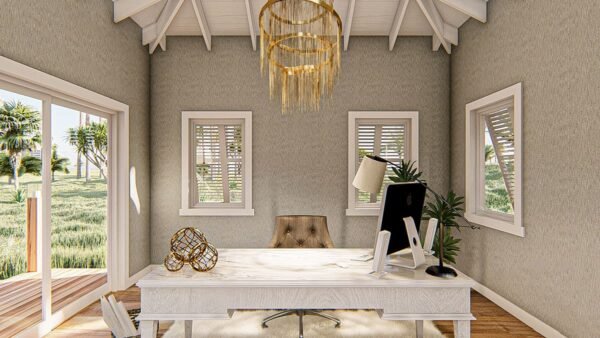 Beach-Inspired Backyard Office Plan with Deck