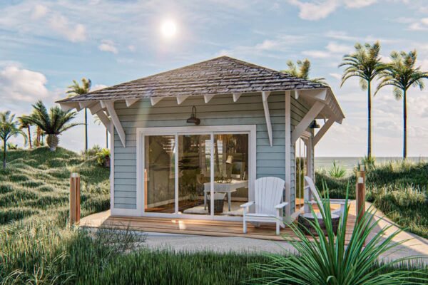 Beach-Inspired Backyard Office Plan with Deck