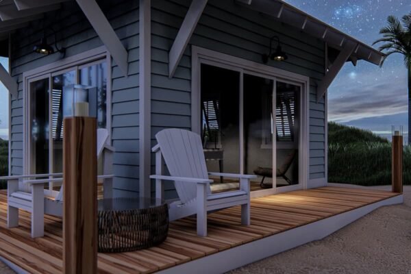 Beach-Inspired Backyard Office Plan with Deck