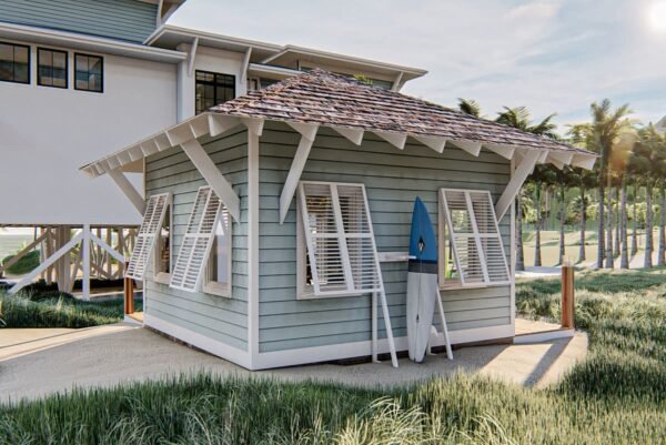 Beach-Inspired Backyard Office Plan with Deck