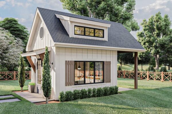 62925DJ_Render04_1599144146 Modern Farmhouse Backyard Office Plan with Loft