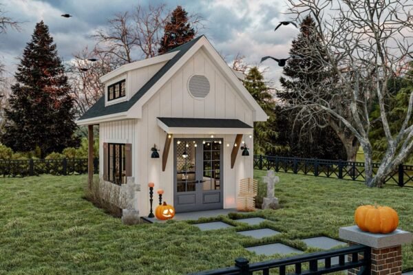62925DJ_exterior-halloween-nologo_1666900491 Modern Farmhouse Backyard Office Plan with Loft