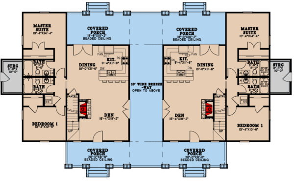 70738MK_f1_1648154546 Modern Farmhouse Duplex with Shared Breezeway and Front and Rear Porches - 4 Bed 1703 Sq Ft Units