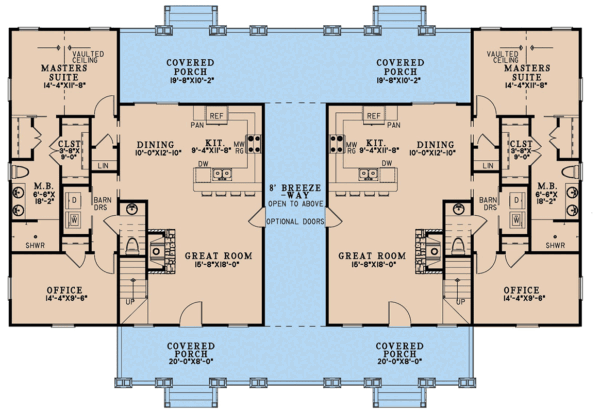 Two-Story Rustic Duplex House Plan with Wrap-Around Porch - 1810 Sq Ft Per Unit