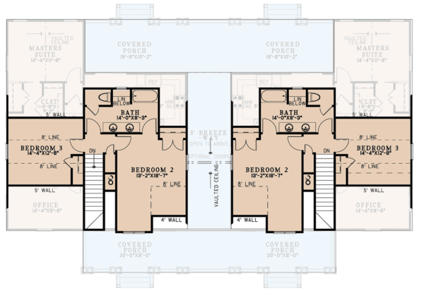 Two-Story Rustic Duplex House Plan with Wrap-Around Porch - 1810 Sq Ft Per Unit