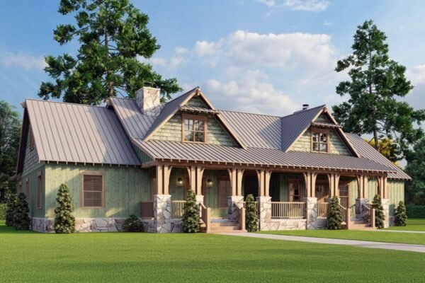 Two-Story Rustic Duplex House Plan with Wrap-Around Porch - 1810 Sq Ft Per Unit