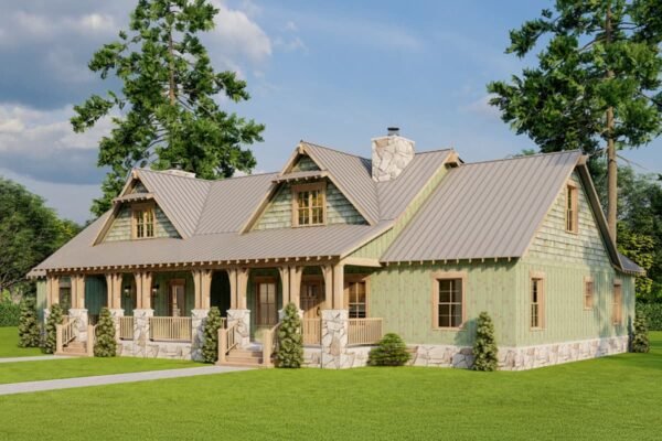Two-Story Rustic Duplex House Plan with Wrap-Around Porch - 1810 Sq Ft Per Unit