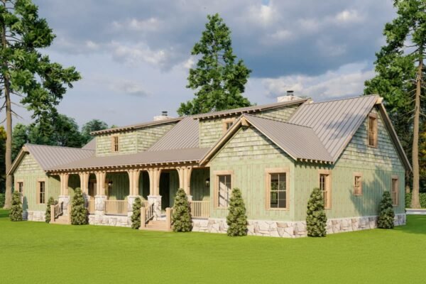 Two-Story Rustic Duplex House Plan with Wrap-Around Porch - 1810 Sq Ft Per Unit