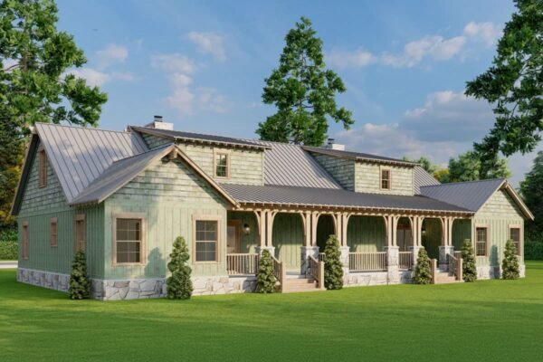 Two-Story Rustic Duplex House Plan with Wrap-Around Porch - 1810 Sq Ft Per Unit