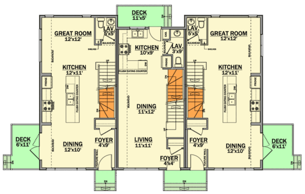 81843AB_FP1_1720021784 Triplex House Plan with 3 Bed 2.5 Bath Units in 2 Different Sizes - 1256 Sq Ft and 1285 Sq Ft