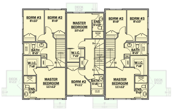81843AB_FP2_1720021785 Triplex House Plan with 3 Bed 2.5 Bath Units in 2 Different Sizes - 1256 Sq Ft and 1285 Sq Ft