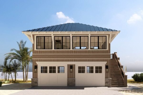 Coastal Carriage House Plan: 1 Bed Apartment, 2-Car Garage