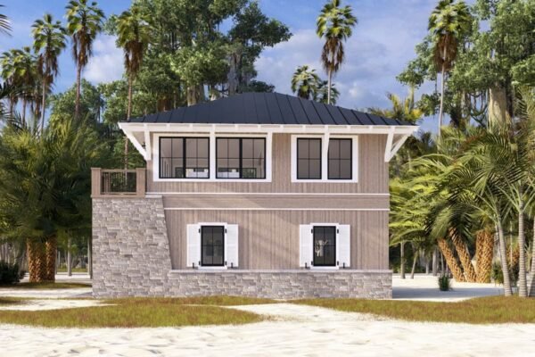 Coastal Carriage House Plan: 1 Bed Apartment, 2-Car Garage