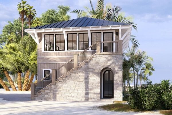 Coastal Carriage House Plan: 1 Bed Apartment, 2-Car Garage